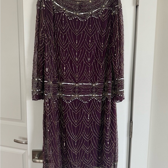 Pisarro Nights Dresses & Skirts - Pisarro Nights Plum Beaded Long-Sleeve Midi Dress